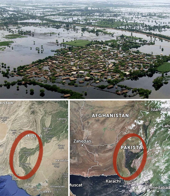 Miles de personas murieron recientemente en una aterradora inundación en Pakistán. Un enorme lago interior ha aparecido, como se ve en las imágenes de satélite