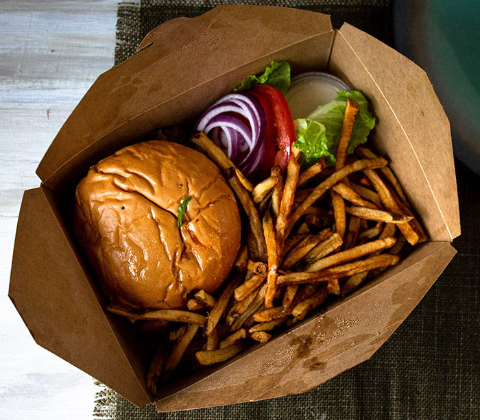 Picture of burger with vegtables and fries