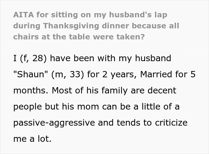 Woman asks if it was wrong to sit on husband's lap at Thanksgiving dinner