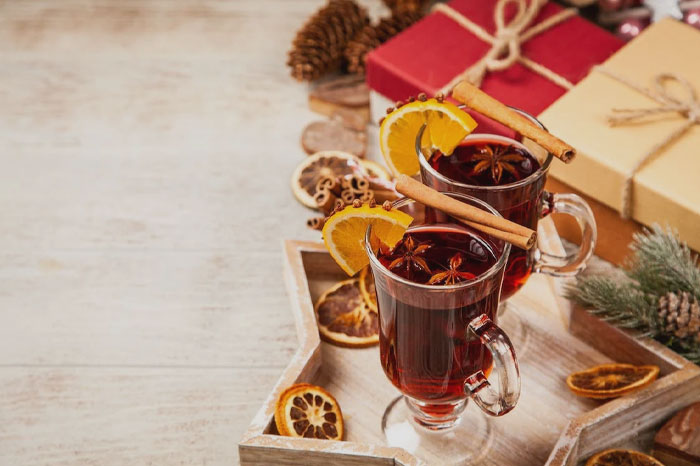 Mulled Wine near Christmas presents 