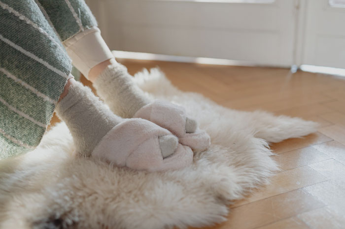 Person with slippers on a fuzzy rug 