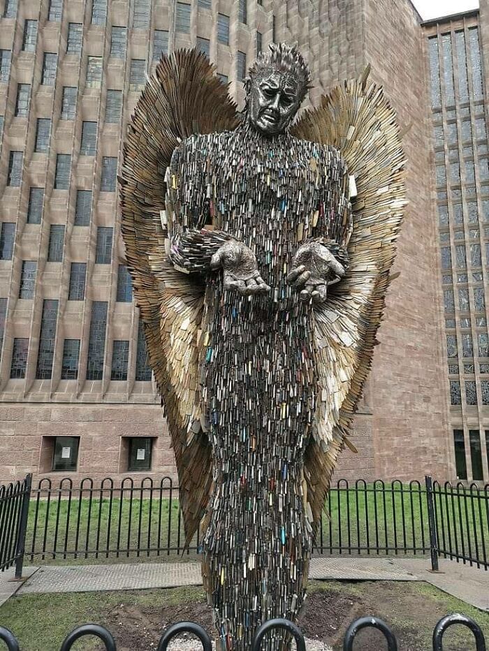 The 7ft-High Blade Angel Is A Sculpture Of 100,000 Knives That Have Killed People Across The UK. Knives Were Collected From 43 Police Stations And A Memorial Dedicated To The Victims