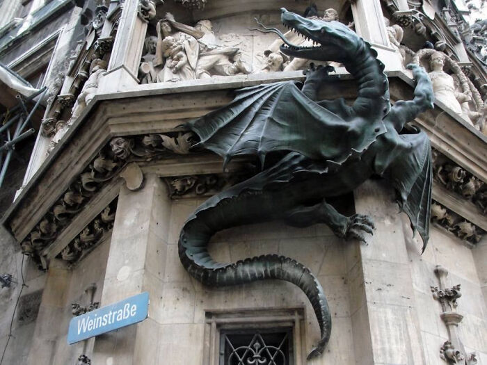 Dragon Sculpture At The Town Hall In The Northern Part Of Marienplatz In Munich, Bavaria, Germany
