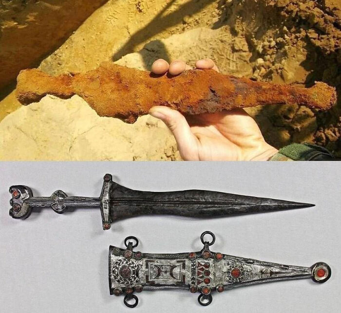2000-Year-Old Roman Silver Dagger, Discovered By An Archeology Intern In 2019 In Germany, Before And After Nine Months Of Restoration