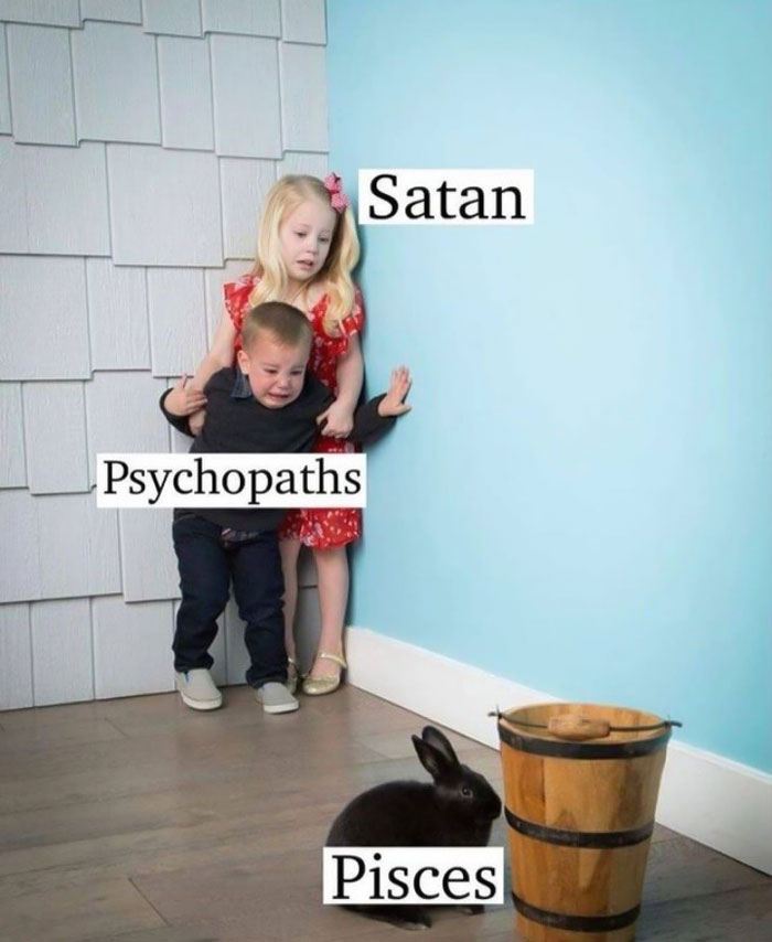 Scared satan and psychopaths vs. bunny Pisces meme