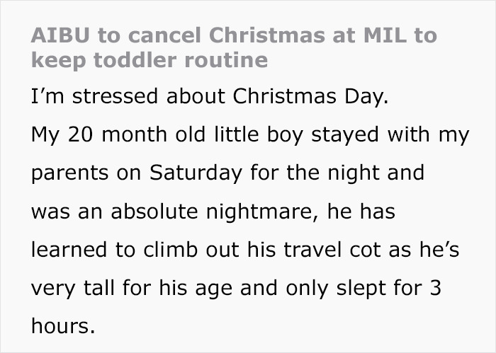 Mom Asks If She's Being Unreasonable For Thinking About 'Canceling Christmas' At Her In-Laws, So As To Not Disrupt Son's Daily Routine
