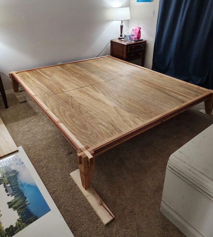 My First "Big" Project As An Amateur. I Bought A Cal King Mattress After A Divorce And Needed A New Bedframe. I Decided On Castle Joints (Additive Joinery Because Tools Are Limited), Douglas Fir, Red Mahogany, And Oak Dowels. Finished With Danish Oil And Want To Put A Type Poly On The Plywood To