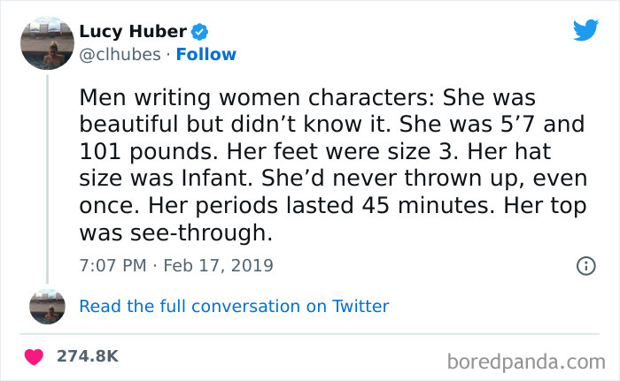 Tweet about how men write characters