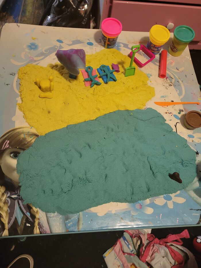 I Made A Beache Out Of Kinetic Sand And Play-Doh With My Brother