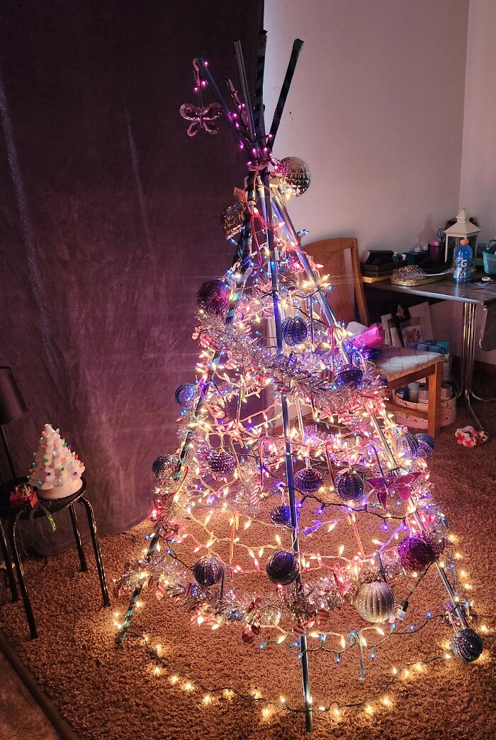Our "Tree-Pee" (Christmas Tree & Teepee Combined)...something I Thought Up A Couple Years Ago To Honor Our Native American Ancestors. My Xmas Eve Baby Turned 7 Yrs Old This Year & Did Very Well On The Ornaments, I Must Say