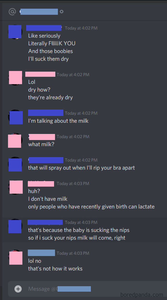 "Because Girls Have Milk Filled In Their Boobies All The Time, Spraying Around Whenever They Open Their Bra"
