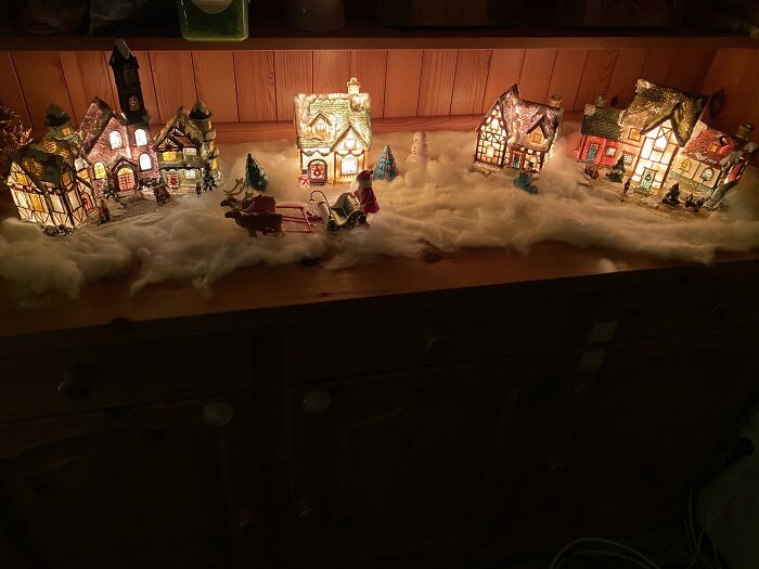 My Little Christmas Town With Cotton For Snow And A Playmobil Santa, Because I Have Kids