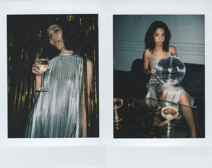 girl with a glass of wine (left), girl with a disco ball on her knees (right)