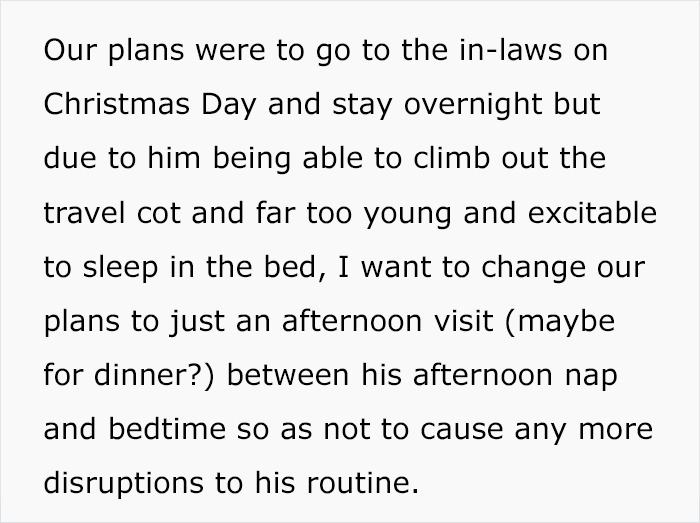 Mom Asks If She's Being Unreasonable For Thinking About 'Canceling Christmas' At Her In-Laws, So As To Not Disrupt Son's Daily Routine Mom Asks If She's Being Unreasonable For Thinking About 'Canceling Christmas' At Her In-Laws, So As To Not Disrupt Son's Daily Routine