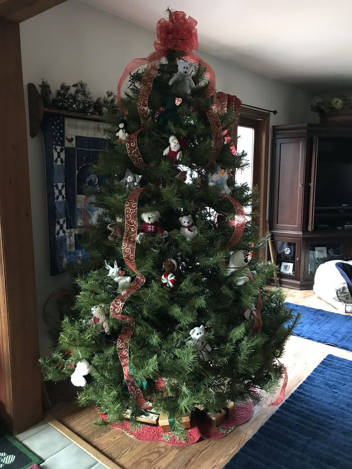 Decorated With Boyd’s Bears And Beanie Babies. My Lab Has Vestibular Disease Which Makes Her Stumble. So If The Tree Falls On Her, She’ll Just Be Surrounded By Stuffed Animals :)