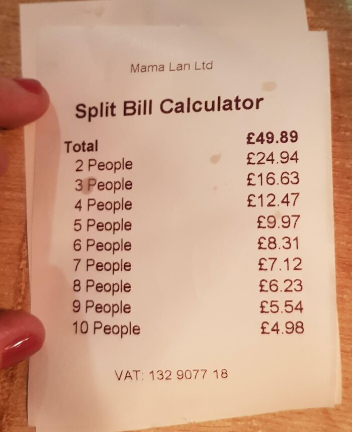 My Local Restaurant Provides A Handy Receipt For Splitting The Bill