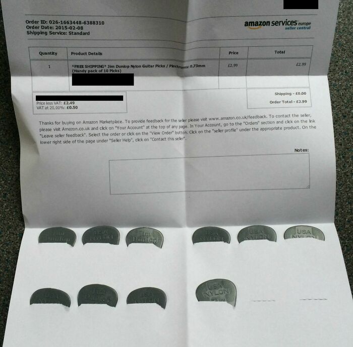 Amazon Package (Guitar Plectrums) Used The Order Receipt As The Goods Packaging