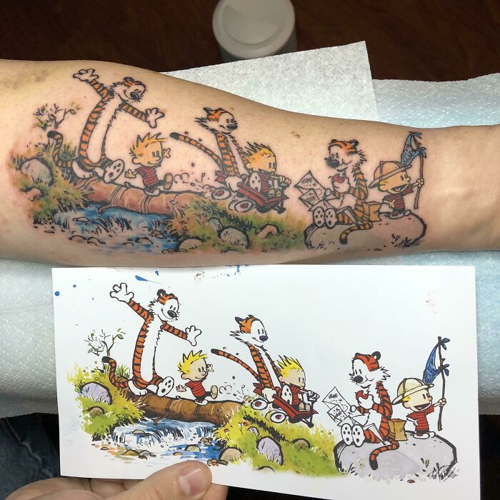 Calvin And Hobbes doing different activities tattoo