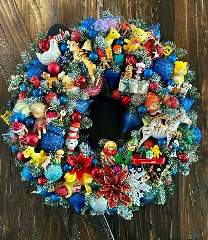 Just Made This 80's Christmas Wreath With Toys From My Childhood. All Materials (Wreath, Ball Ornaments And Vintage Toys) Were Thrifted For $1.49 Per Pound At Goodwill