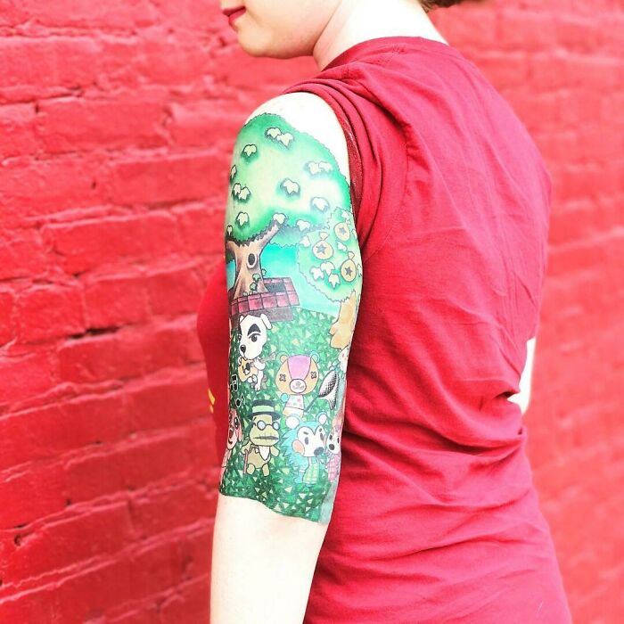 Animal Crossing Half-Sleeve Done By Victoria Kurtz At Bananafish Tattoo Parlour In New Albany, IN