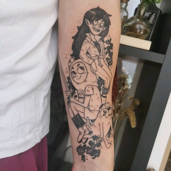 A Black And White Tattoo Of Adventure Time By Astratattoo At The Ensorceloir In Nîmes, France