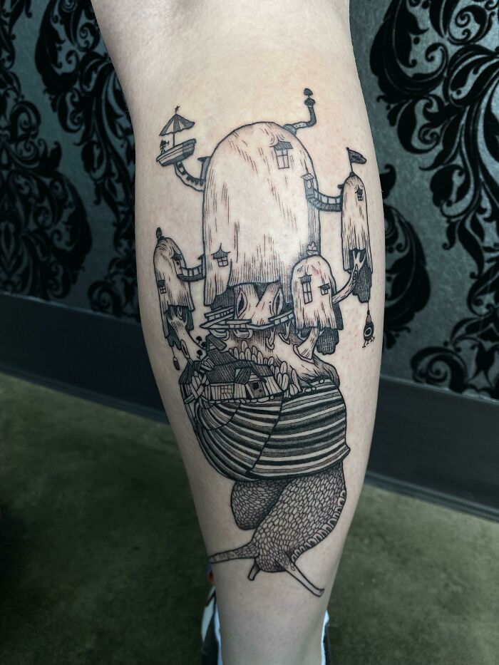 Adventure Time house on a snail leg tattoo