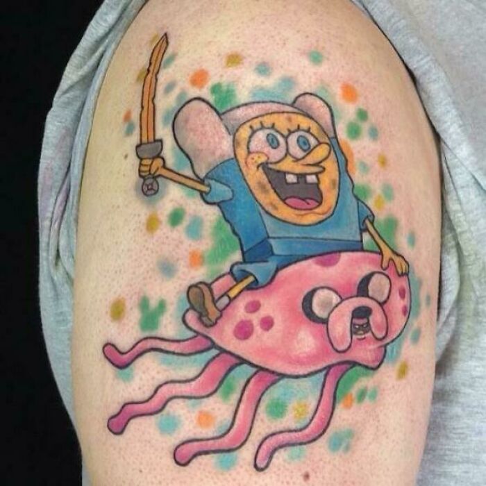 SpongeBob and Adventure Time mashup arm tattoo
