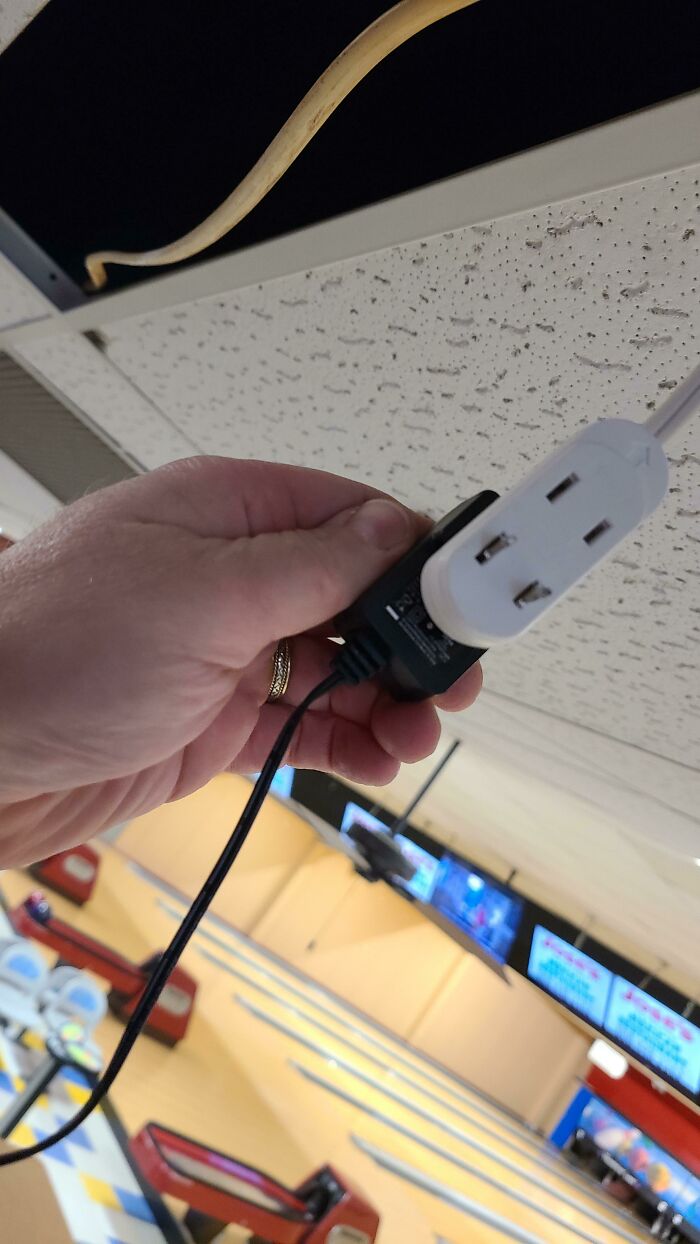 Reached To Unplug This Power Supply And Got A Good Jolt. Old Prongs Sticking Out Of This Live Extension Cord In A Drop Ceiling At A Bowling Alley I Was Working At