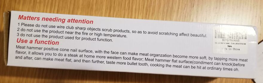 My BF Bought A Meat Tenderizer Mallet Online And The Instructions Look Like They've Gone Through Five Levels Of Google Translate