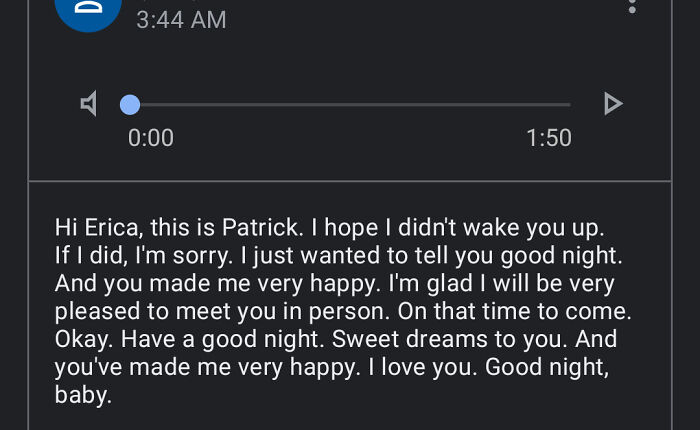 A cute message from a wrong number.  Erica, you've made Patrick so happy.