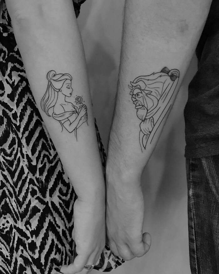Beauty and The Beast matching arm tattoos
