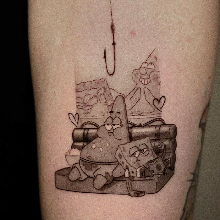  SpongeBob and Patrick having a snack tattoo 