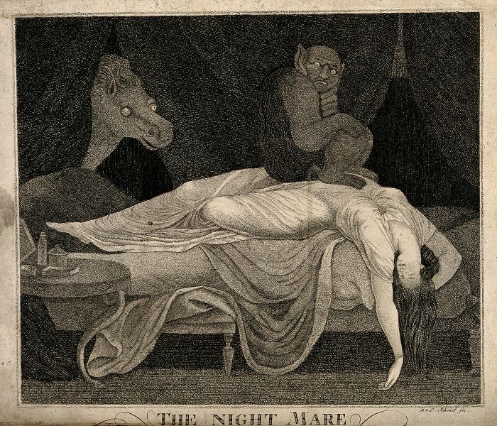 "A Woman Fast Asleep With Her Head Hanging Down, A Devil Is Sitting On Her Stomach And A Horse Peeps Through A Curtain; Representing Her Nightmare. Stipple Engraving By M.j. Schmidt After J.h. Füssli (Fuseli)."