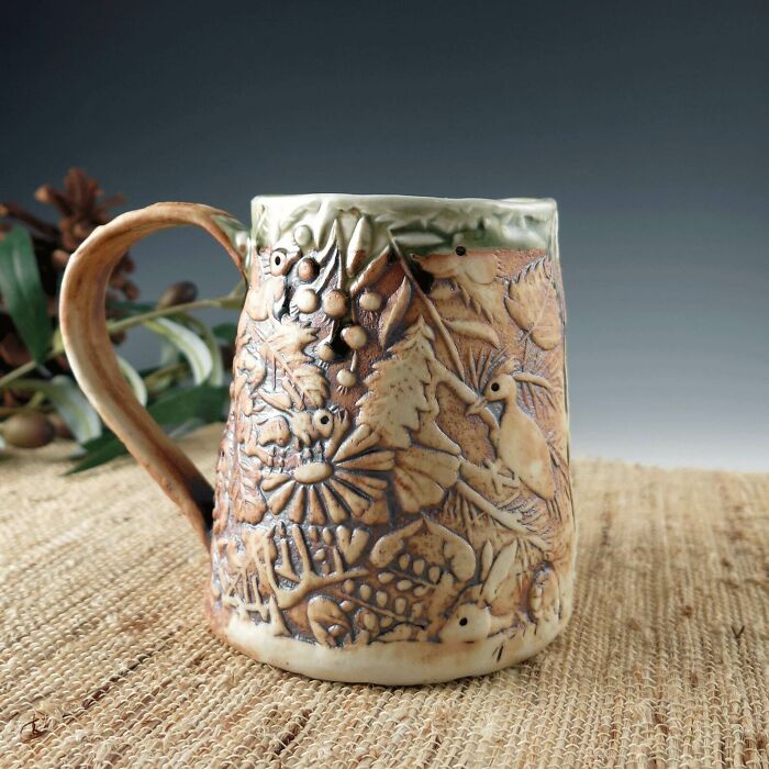 Handmade Pottery Mug With Woodland Animals, Large With Natural Brown And Light Celedon Green