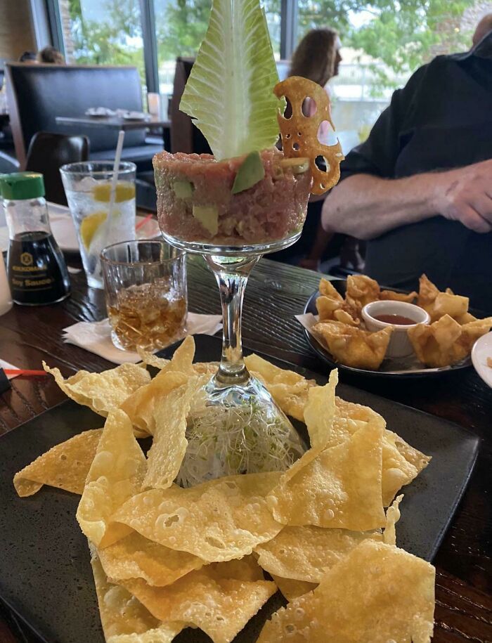 Tuna Tartare On An Upside Down Martini Glass…. Idk Why They Get Away With This