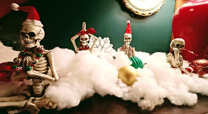 I Refuse To Put Away My Halloween Yoga Skeletons, So They Get To Celebrate Every Holiday. Here They Are In Christmas "Snow"