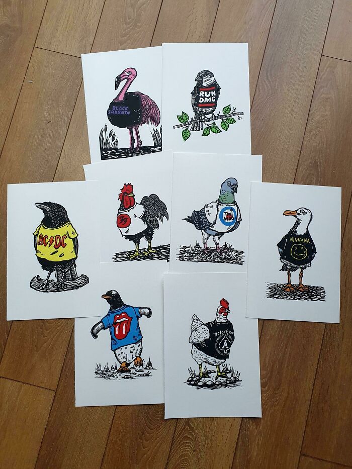 I Made Some Lino Prints Of Birds Wearing Band T-Shirts