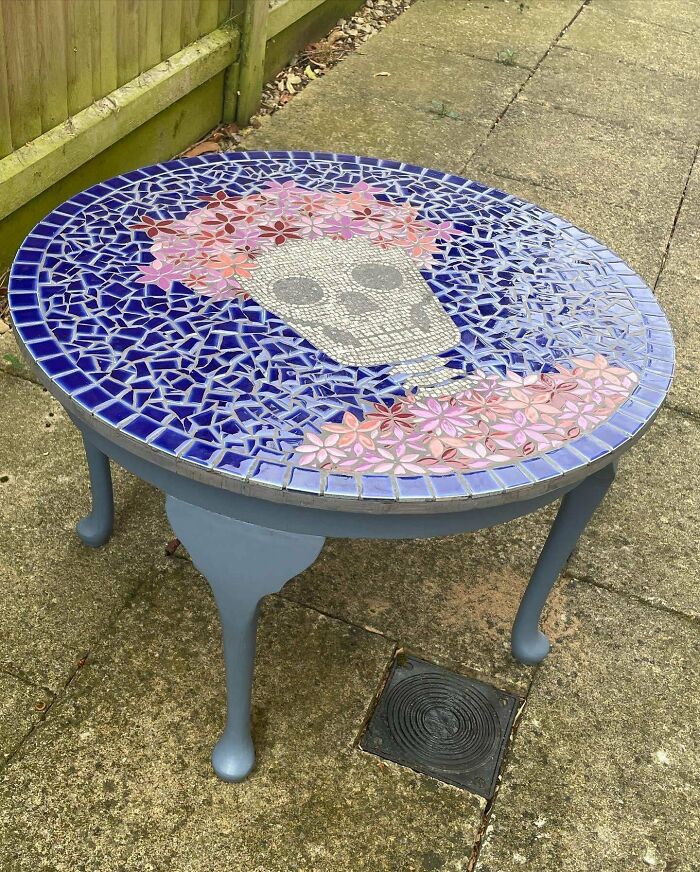 Found A Cheap Table On Fb. Painted It And Added A Mosaic To The Top