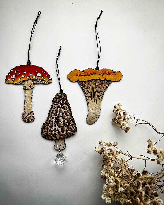 I Made Some Hand Painted, Wooden Mushroom Ornaments
