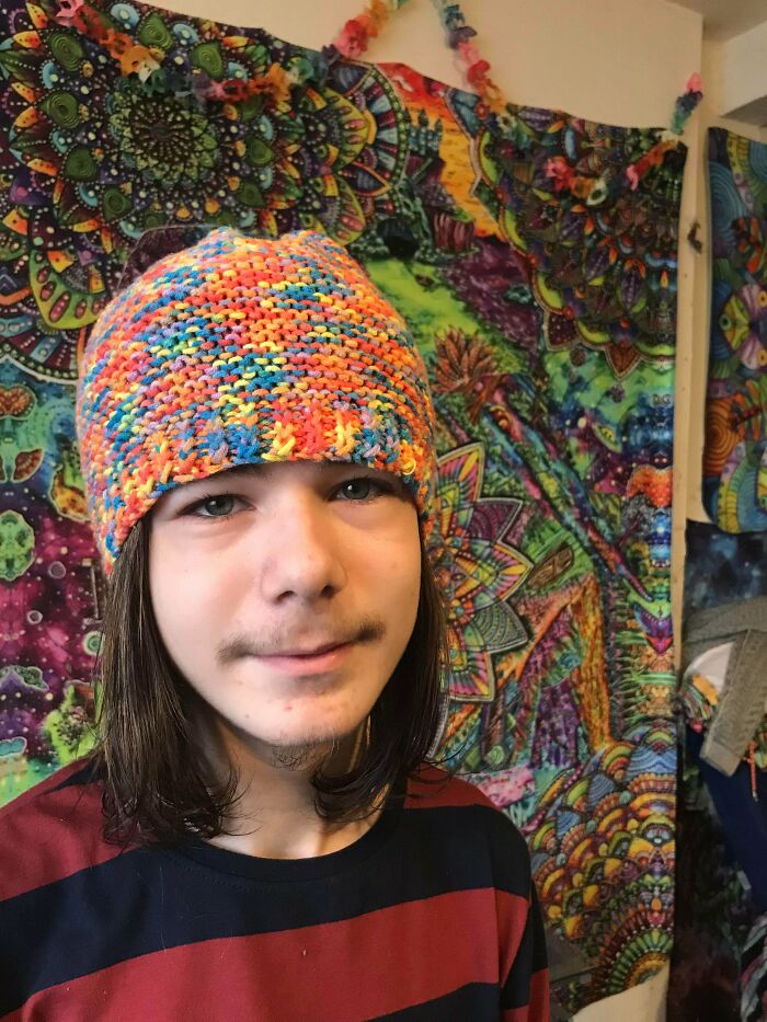 My Son (14) Finished Knitting Himself A Beanie Hat