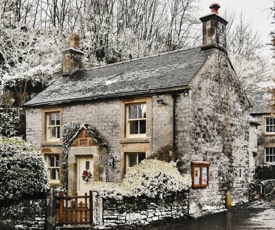 Stone Cottage In Snow Covered Milldale, Peak District, Derbyshire, England