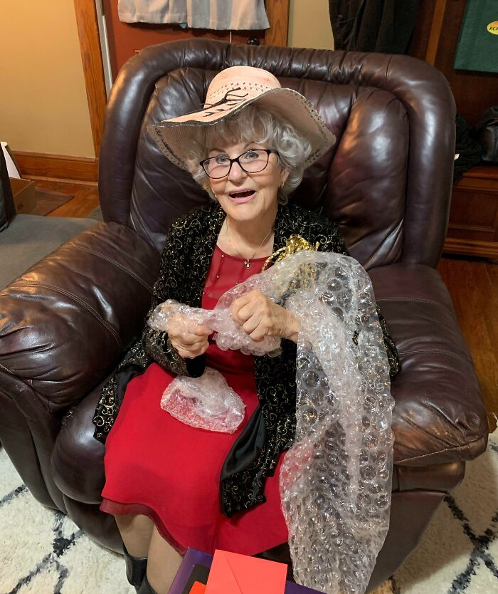 My Great Grandmother Having A Blast With Bubble Wrap During Our Christmas Celebration