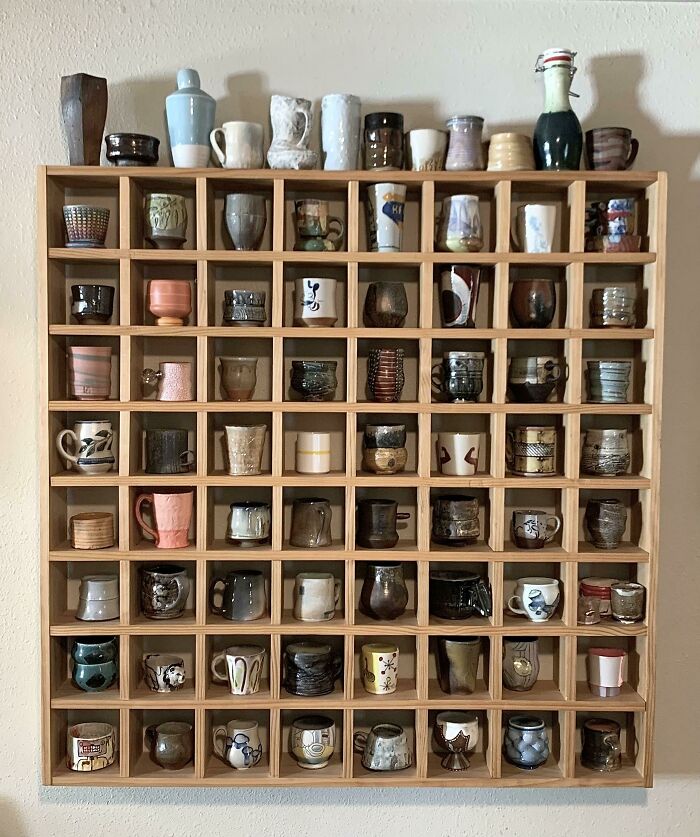 This Is Our Cup Wall! My Husband And I Collect Handmade Mugs/Cups. Some Are Novice Artists And Some Are Professional. When People Come Over They Choose Their Favorite Cup To Drink Out Of!