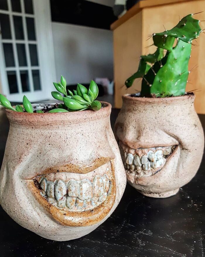 Grinning Stoneware Pots, Thrown Then Altered. There's Slight Spaces Between The Teeth So They Drool When Watered