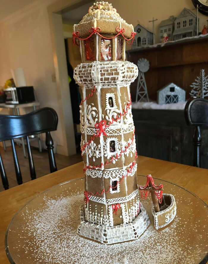 Gingerbread Lighthouse I Made For My Mother This Christmas. Didn’t Have Any Piping Tips So The Connections Aren’t Covered Like I Planned But Still Proud Of It!