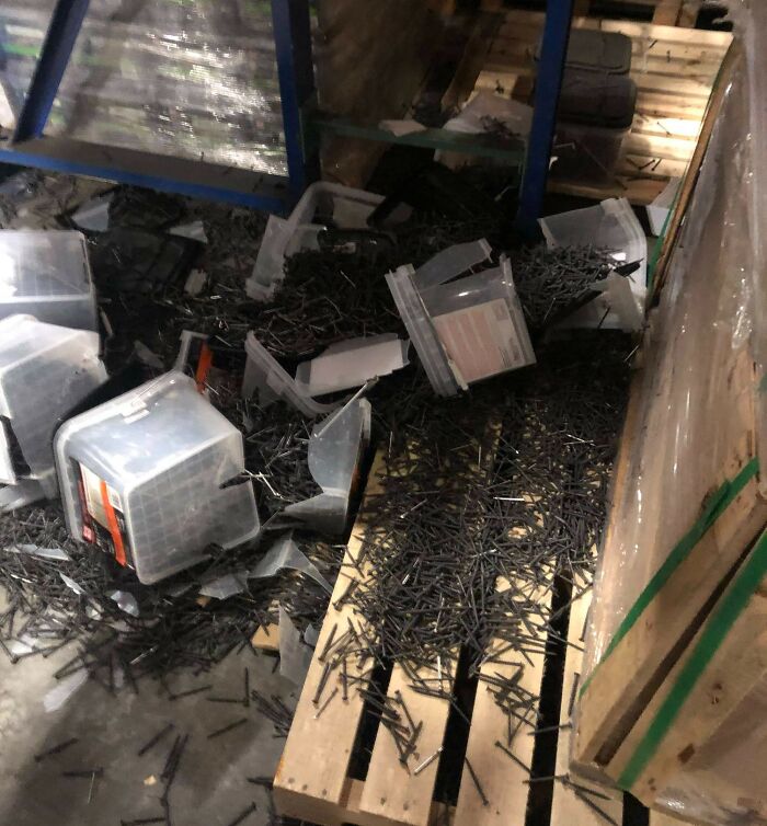 Dumped 17 Buckets Of Drywall Screws (25 Lbs Buckets) From About Fifteen Feet In The Air. I Was Told By My Coworkers It Looked Like Black Hail When It Fell