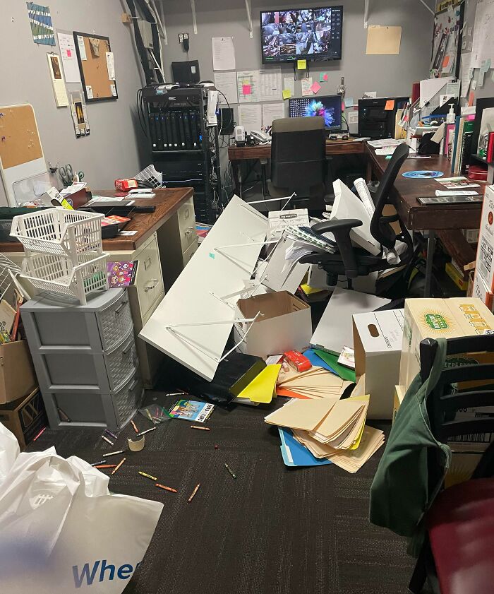 I Came Into Work Today To Find One Of Our Office Shelves Collapsed