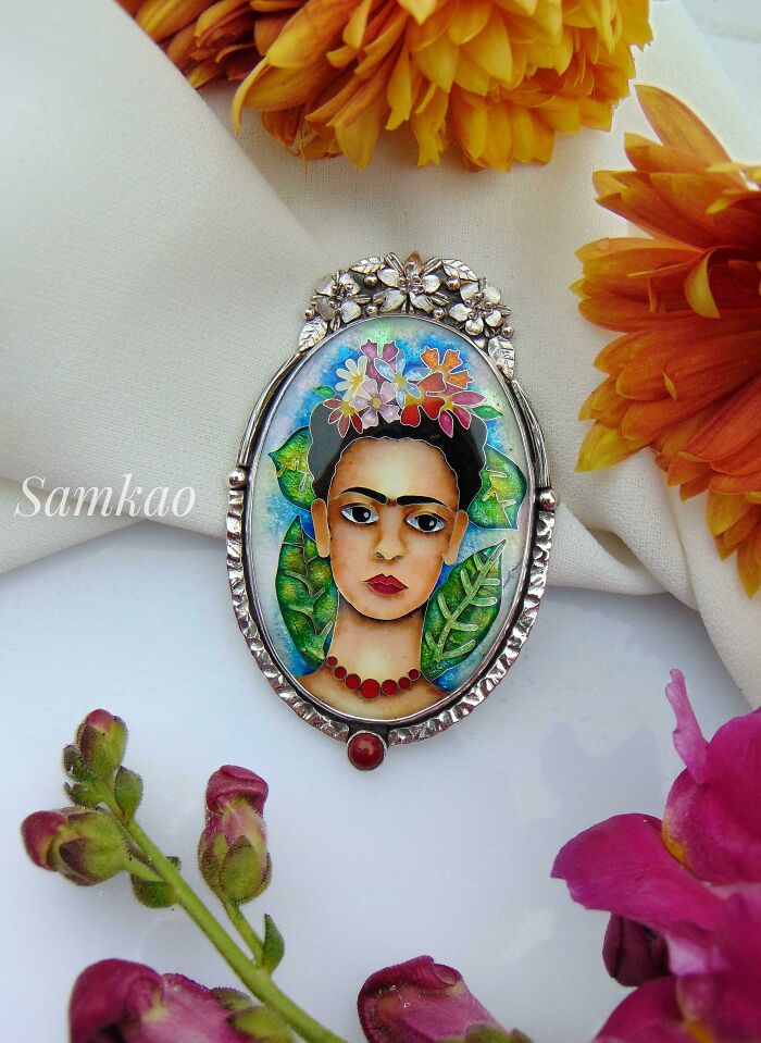 Frida Kahlo Pendant Made In Cloisonne Enamel Technique, Sterling Silver Setting