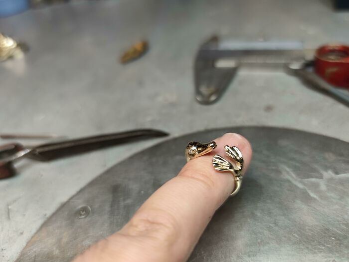 He hecho un anillo de pato dorado de 14 quilates con ojos de diamante... Porque ¡cua!