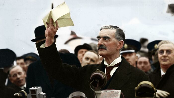 A "Victorious" Prime Minister Neville Chamberlain Returns From Germany And Declares "Peace For Our Time" After Hitler Agrees Not To Invade Any More Territories In Europe, 1938